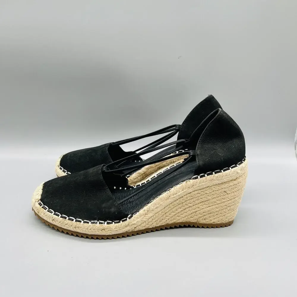Eileen Fisher Shoes Women 9.5 Black Nubuck Yasmin Espadrille Wedge Heels Slip On